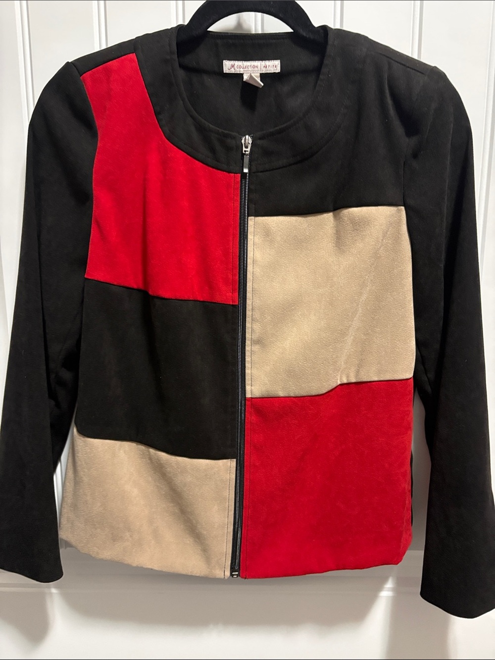 JM Collection Petite 4P Colorblock Zip Jacket Black Red Tan